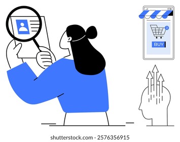 Person holding magnifying glass to inspect details on a document, smartphone with buy button in shopping cart, head with arrows. Ideal for analysis, e-commerce, research, marketing, user behavior