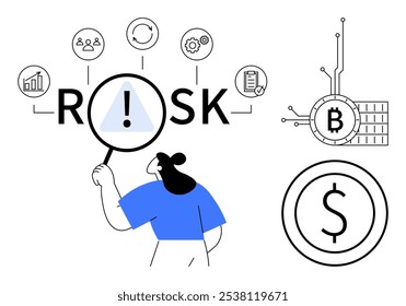 Person holding magnifying glass looking at word risk with five icons related to statistics, social groups, analytics, technology, and documentation. Includes Bitcoin symbol and currency sign. Ideal