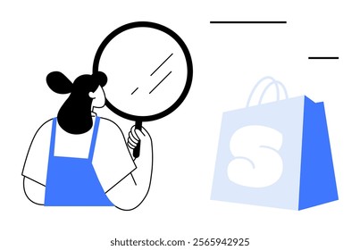 Person holding a magnifying glass, looking at a shopping bag. Ideal for retail, shopping, analysis, customer behavior, and market research. Minimalist vector style with black white and blue colors