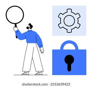 A person holding a magnifying glass stands beside a gear symbol and a padlock icon. Ideal for security maintenance, research analysis, online privacy, digital tools, and system optimization