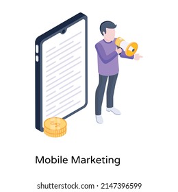 Person holding megaphone, an isometric icon of mobile marketing 

