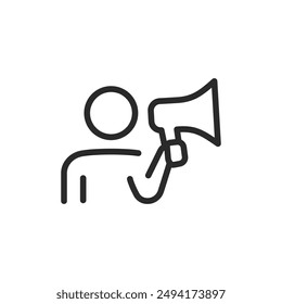 Person holding a megaphone, linear style icon. announcements, public speaking, or marketing. Editable stroke width.