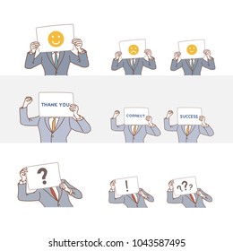 A person holding a message board. hand drawn style vector doodle design illustrations.