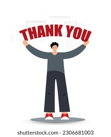 Person holding message with text Thank you, flat vector illustration