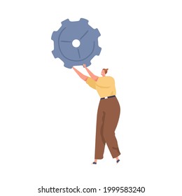 Person holding metal gear in hands as symbol of personal settings. Woman with cogwheel. Concept of technical works, repair and maintenance. Flat vector illustration isolated on white background