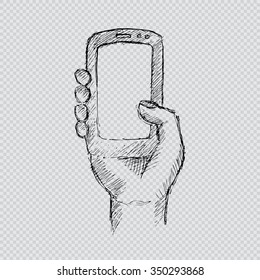 Person holding mobile in hand. Hand drawing illustration.
