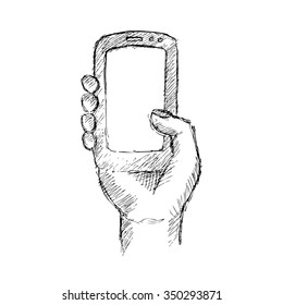 Person holding mobile in hand. Hand drawing illustration.
