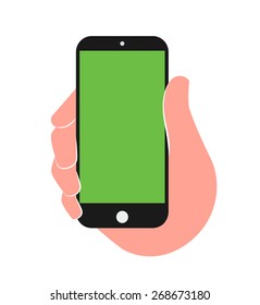 Person holding mobile in hand vector illustration.