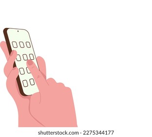 Person holding mobile phone. Important message on the screen. Cellphone with applications in hand. Finger pressing button. Bright color vector image. Single object.