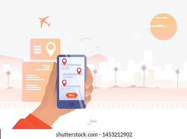 Person holding mobile phone. Smartphone screen, buy button, palm, plane. Flight booking concept. Vector illustration can be used for topics like vacation, trip, travel