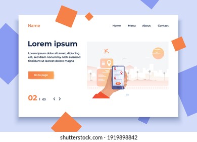 Person holding mobile phone. Smartphone screen, buy button, palm, plane. Flight booking concept. Vector illustration can be used for topics like vacation, trip, travel
