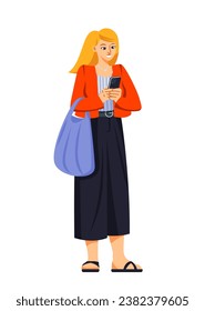 Person holding mobile phone. Smiling stylish woman uses smartphone for surfing internet, online chatting and communication. Character with device in hands. Cartoon flat vector isolated illustration