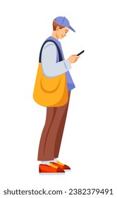 Person holding mobile phone. Student with smartphone in his hands sends message or surfs Internet. Stylish young guy uses device for online communication. Cartoon flat vector isolated illustration