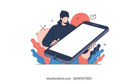 Person Holding a Modern Smartphone with a Blank Screen Surrounded by Abstract Shapes and Foliage Illustrating Digital Connection and Communication