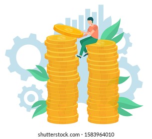 Person holding money, saving currency, worker and income. Man with coins decorated by graph, leaves and setting symbols, employee and currency vector
