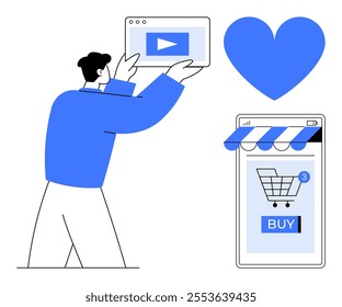 A person is holding a multimedia window with a play button. A smartphone screen with a shopping cart icon and buy button is next to a blue heart icon. Ideal for ecommerce, digital marketing, online
