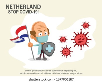 Person holding nation flag and shield fighting coronavirus pandemic or coronavirus outbreake 2019 COVID-19. Vector illustration against corona covid-19 virus. Scalable and editable vector.