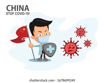 Person holding nation flag and shield fighting coronavirus pandemic or coronavirus outbreake 2019 COVID-19. Vector illustration against corona covid-19 virus. Scalable and editable vector.