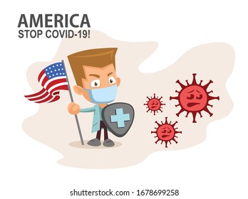 Person holding nation flag and shield fighting coronavirus pandemic or coronavirus outbreake 2019 COVID-19. Vector illustration against corona covid-19 virus. Scalable and editable vector.