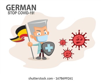 Person holding nation flag and shield fighting coronavirus pandemic or coronavirus outbreake 2019 COVID-19. Vector illustration against corona covid-19 virus. Scalable and editable vector.