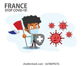 Person holding nation flag and shield fighting coronavirus pandemic or coronavirus outbreake 2019 COVID-19. Vector illustration against corona covid-19 virus. Scalable and editable vector.
