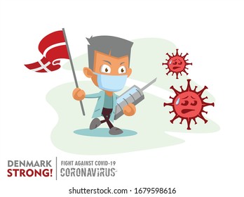 Person holding nation flag and vaccine syringe fighting coronavirus pandemic or coronavirus outbreake 2019 COVID-19. Vector illustration against corona covid-19 virus. Scalable and editable vector.