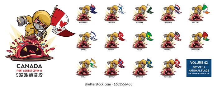 Person holding national flags fighting coronavirus pandemic or coronavirus outbreake 2019 COVID-19. Vector illustration against corona covid-19 virus. Set of 15 scalable and editable vector. 