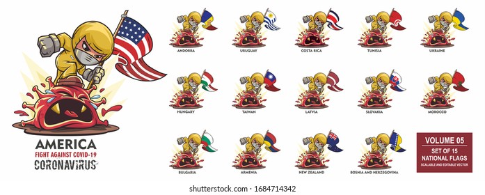 Person holding national flags fighting coronavirus pandemic or coronavirus outbreake 2019 COVID-19. Vector illustration against corona covid-19 virus. Set of 15 scalable and editable vector. 