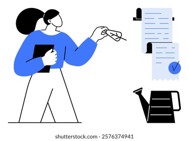 Person holding notebook ticks item off a checklist. Ideal for productivity planning time management goal setting daily tasks and reminders. Simple minimalistic vector art in blue black white