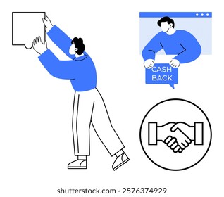 Person holding object, man with CASH BACK sign on screen, handshake symbol Ideal for business, e-commerce, partnerships, customer rewards, marketing Modern minimalistic style