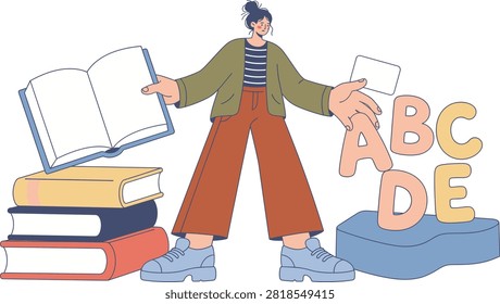 A person holding an open book and a blank card, with alphabet letters A, B, C, D, E arranged nearby. Represents learning, education, and knowledge.