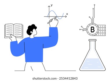 A person holding an open book draws a graph on a whiteboard while a Bitcoin symbol integrates with a technological design and a laboratory flask filled with liquid. Ideal for education technology