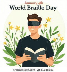 Person holding an open book, vector illustration, promoting World Braille Day.