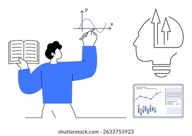 Person holding open book while drawing graph on whiteboard, head silhouette with upward arrows, and computer screen with bar graph. Ideal for education, data analysis, business growth, innovation