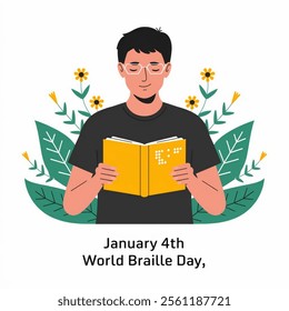 Person holding an open yellow Braille book, surrounded by green leaves and yellow flowers, vector illustration.