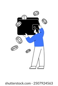 Person holding an oversized wallet with floating coins, representing a digital wallet and cryptocurrency. Applicable in fintech, digital payments, cryptocurrency, blockchain, and online finance.