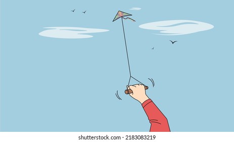 Person holding paper kite flying in air. Child have fun enjoy outdoor activity. Leisure and recreation. Vector illustration. 