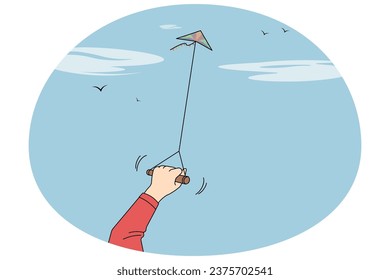 Person holding paper kite flying in air. Child have fun enjoy outdoor activity. Leisure and recreation. Vector illustration.