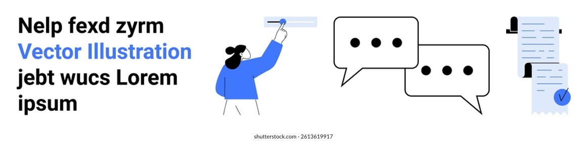 Person holding pen writing message, accompanied by chat bubbles and approved document. Ideal for digital communication, social media, messaging apps, email marketing, customer support, business