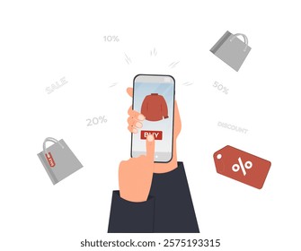 Person holding phone in hands, buying online, discount concept, online shopping concept, flat vector illustration