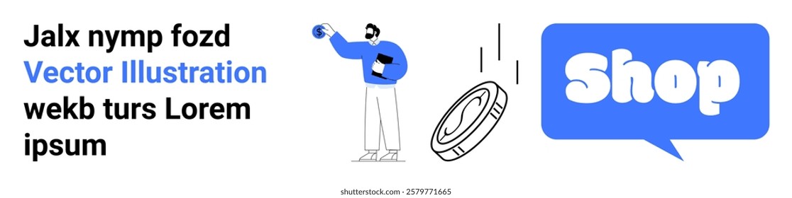 Person holding a phone pointing at a falling coin near a blue speech bubble with the word Shop. Ideal for e-commerce, online ads, digital marketing, store promotions, sales campaigns. Banner for