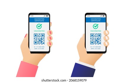 Person holding a phone with QR code as proof of Covid Vaccine. Immunization certificate. Vaccinated passenger. Vector illustration EPS 10