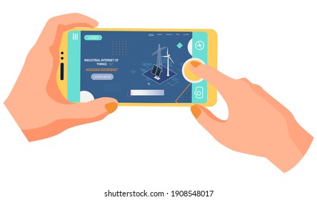 Person holding phone studying information about equipment for production of clean energy. Smart alternative energy with solar panels wind turbines, high voltage electricity power transmission grid