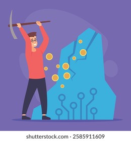 Person holding pickaxe above head and mining rock formation adorned with glowing coins and digital circuits. Cryptocurrency exploration and finance concept