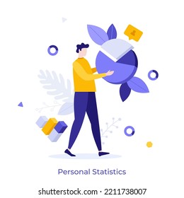 Person Holding Pie Chart Divided Into Sectors. Concept Of Personal Statistics, Business Analysis, Statistical Research, Measuring Proportion, Ratio. Modern Flat Vector Illustration For Poster, Banner.