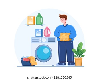 A person is holding a pile of dirty clothes and getting ready to load them into the washing machine
A person doing laundry with a washing machine.
Suitable for landing page, web, apps, infographic.