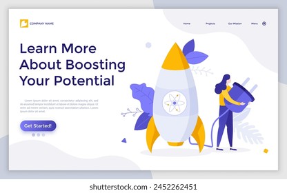 Person holding plug connected to spacecraft, spaceship or space rocket. Concept of boosting potential, personal development and growth, startup launch. Modern vector illustration for landing page