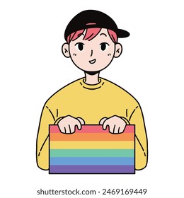 A person holding pride rainbow color banner celebrating pride month parade vector