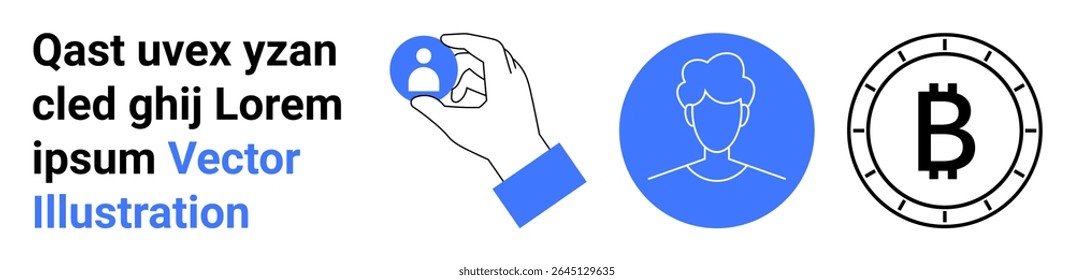 Ícone de perfil da pessoa, avatar do usuário e símbolo Bitcoin. Ideal para perfis de usuário, identidade digital, criptomoeda, fintech, interface do usuário, serviços on-line, tecnologia financeira. Página inicial