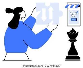 Person holding puzzle piece and arrows next to smartphone with cart and buy button and chess piece. Ideal for problem solving, strategic thinking, e-commerce, online shopping, planning. Modern